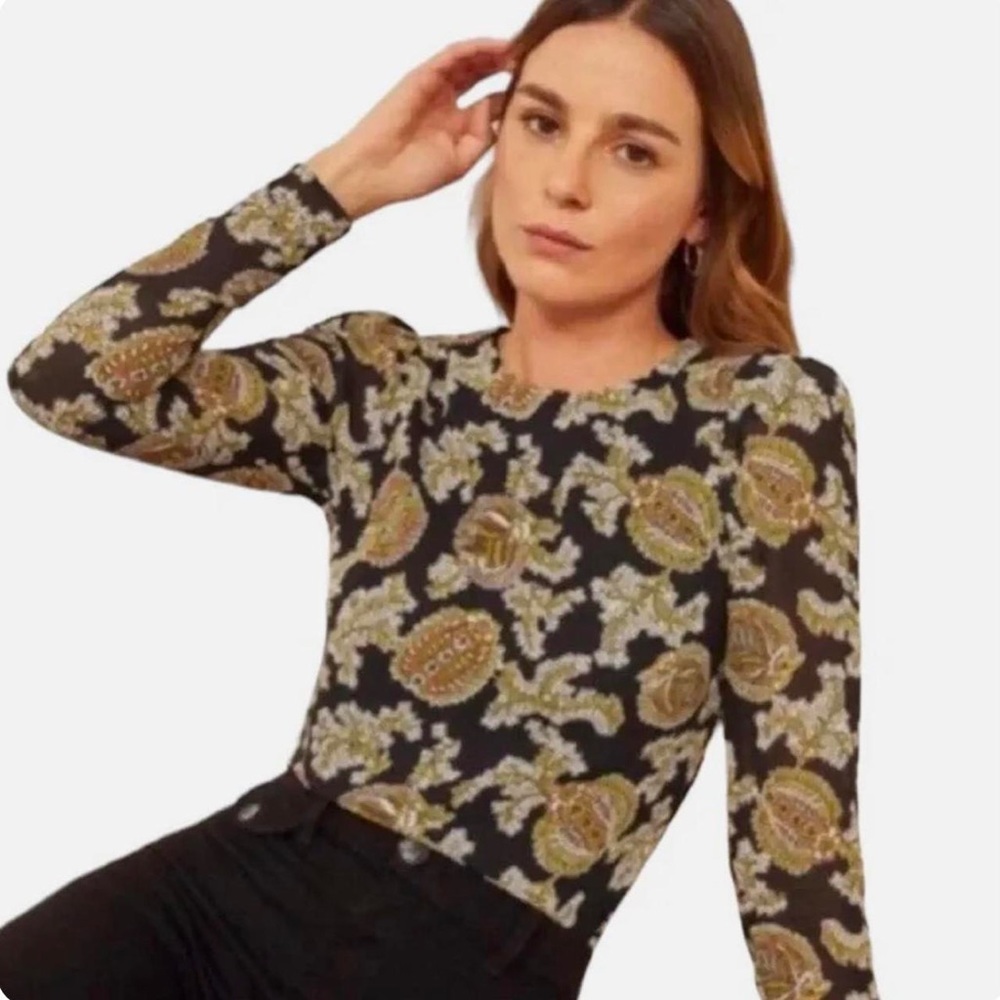 Reformation Black and Gold Patterned Women's Top